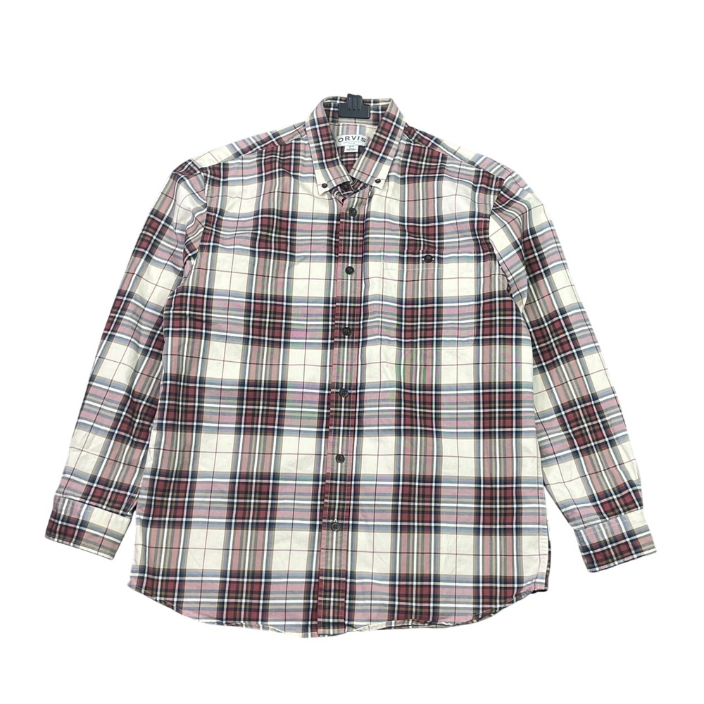Orvis Button Down Shirt Men Medium Cream Plaid Long Sleeve Cotton Outdoor Travel